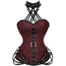 (5XL,Red)Gothic Plus Size Leather Halterneck Steel Boned Overbust Corset And Bustier Tops Women Shaper Body Vintage Steampunk Corselet
