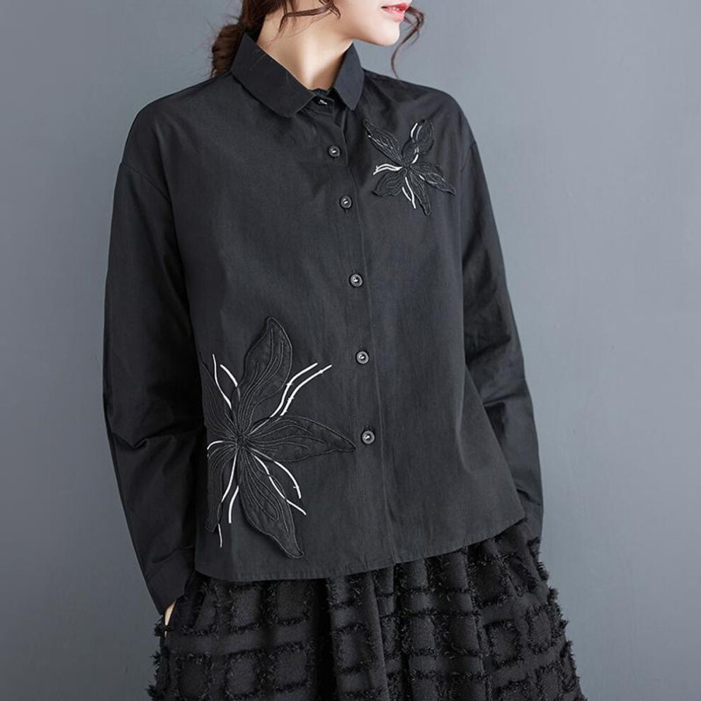 (black, One Size) Dimanaf Women Plus Size Spring Summer Shirt Oversized Long Sleeve Loose Basic Black Blouse Button Flower Casual Tops