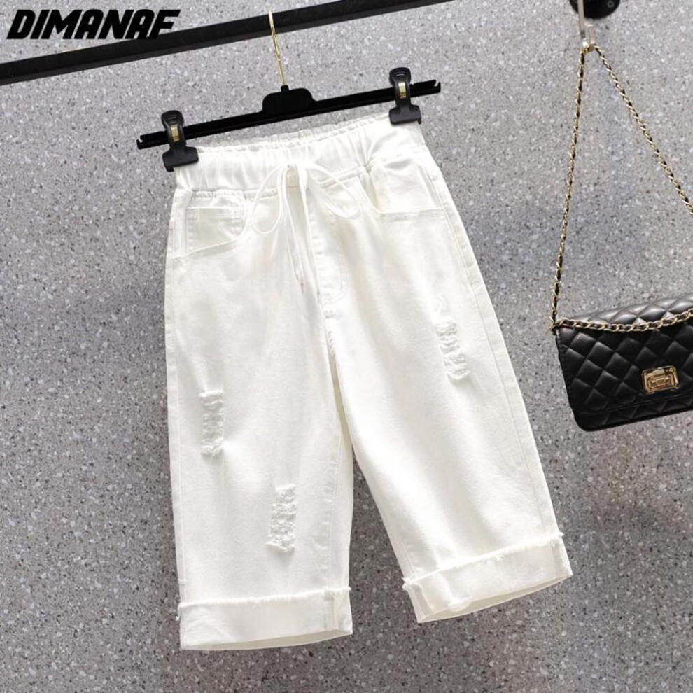 (white, XXL) Dimanaf 2024 Summer Plus Size Women Pants Short Jeans Elastic Waist Denim Hole Fashion Oversize Loose Pants Shorts