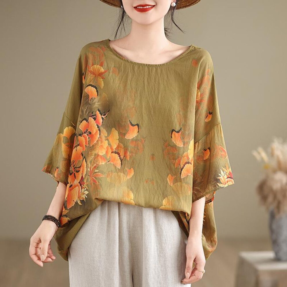 (as the picture, One Size) Dimanaf 2024 Summer Plus Size Women T-shirts Print Floral Elegant Batwing Sleeve Tops Tees Loose Casual Linen Shirt 91684