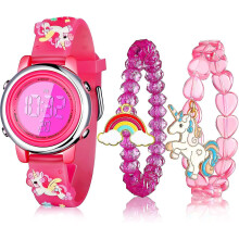 (Funny Style) 3 Pieces Kids Unicorn Watch And Unicorn Bracelet Toddler Digital Watch 7 Color Lights Watch With Alarm Stopwatch Unicorn Valentine's Day Gift For 3-10