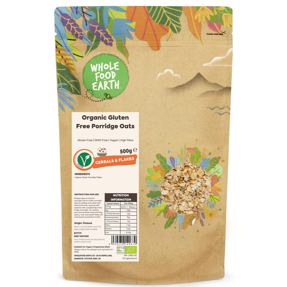 Wholefood Earth Organic Gluten Free Porridge Oats ? 500G | Gmo Free | Vegan | High Fibre | Certified Organic