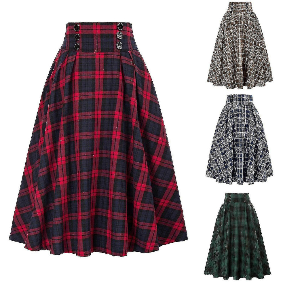Womens Plaid Wool Skirts Elastic Waist A-line Pleated Tartan Long Skirts