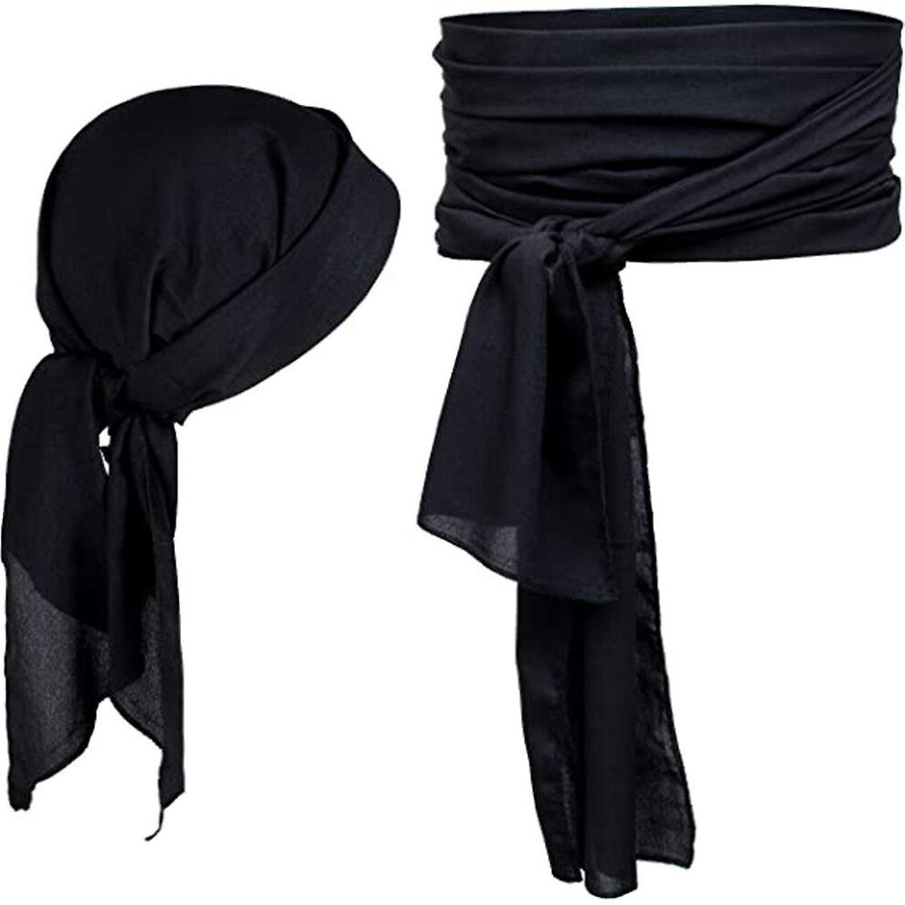 (Black) Pirate Costumes Accessories Set Durag Long-Tail Pirate Hat Large Sash Medieval Renaissance Theme Cosplay Dress Up For Halloween Party Black