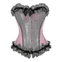 (L,pink 7)Sexy Satin Overbust Corset Top Lace Bowknot Decorated Clubwear Showgirl Body Shaper Plus Size