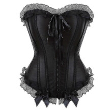 (XXXL,Black3)Sexy Satin Overbust Corset Top Lace Bowknot Decorated Clubwear Showgirl Body Shaper Plus Size