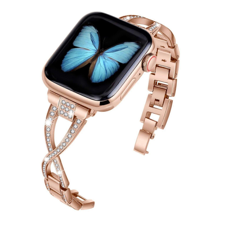(42ou44ou45MM,or)Pour Apple Watch 38mm 40mm 41mm 42mm 44mm 45mm Series 9 8 7 6 5 4 3 SE Womens iwatch Strap Shiny Metal Bracelet -GSLHL