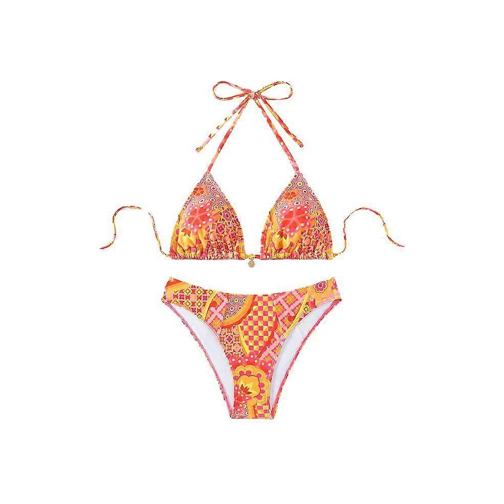 (L, Color 1) Women's Bikini Sets Two Piece Swimsuits Floral Print Sexy Triangle Halter Bikinis