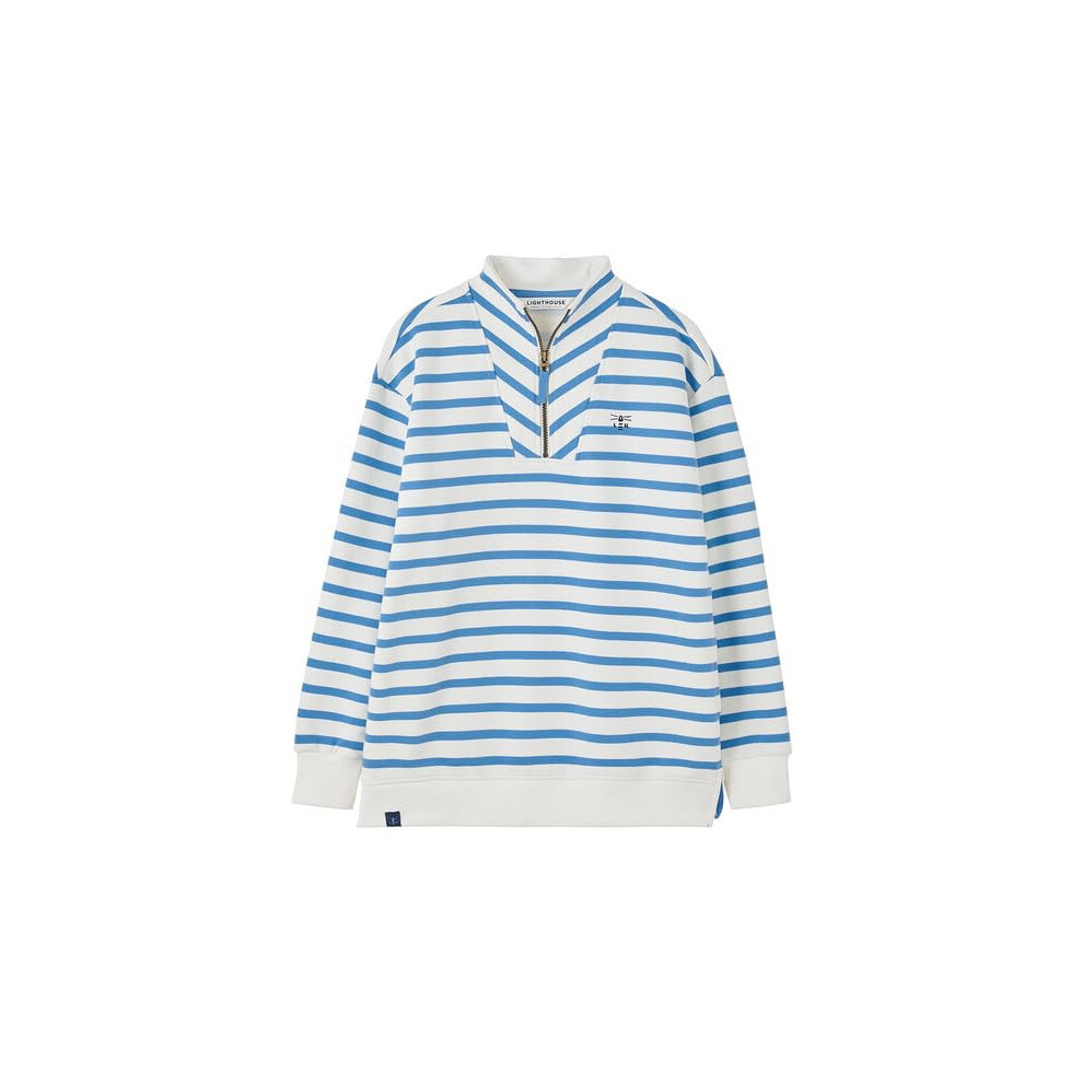 (12, Marine Blue Stripe) LightHouse Women's Coral Cotton Rich Jersey Sweatshirt - Ladies Warm Funnel Neck Half Zip Top