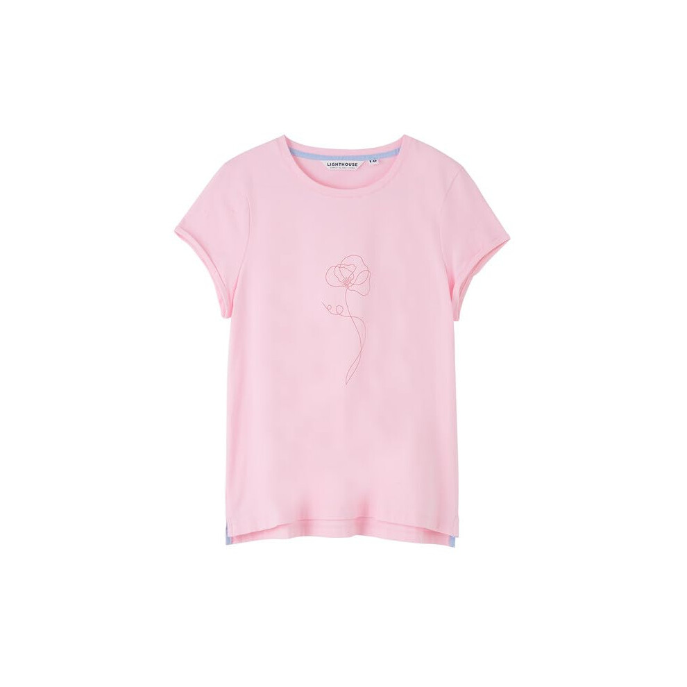 Lighthouse (10, Pink Flower) Women's Causeway Short Sleeve Tee - Ladies Cotton Stretch T-Shirt