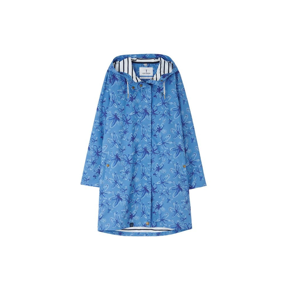 Lighthouse (10, Marine Blue Floral) Women's Long Beachcomber Jacket - Ladies 3/4 Length Windproof Spring Summer Outdoor Coat With Hood