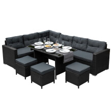 Salon de Jardin Noir en Rotin pour 9 Personnes Ensemble Table & Sièges