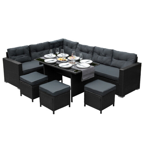 Rattan Corner Set Garden Furniture Black Sofa Stools Table