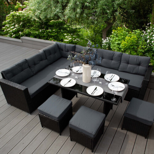 Rattan Corner Set Garden Furniture Black Sofa Stools Table 1