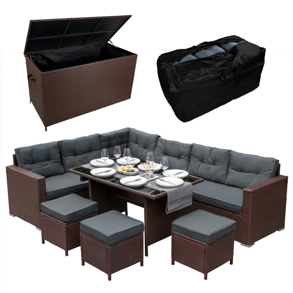 Rattan Corner Furniture Set & Garden Storage Box Brown Large Outdoor