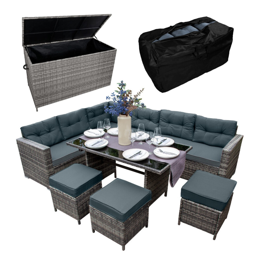 Rattan Corner Furniture Set & Garden Storage Box Grey Large Outdoor