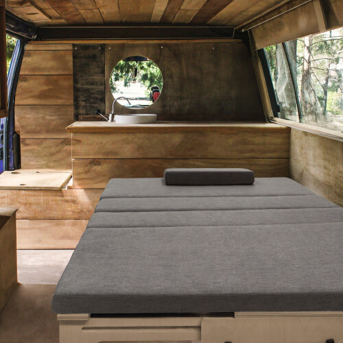 Divano Letto Camper L con Cuscini, 180x120cm, Ripiani e Reti, Design Scorrevole 1