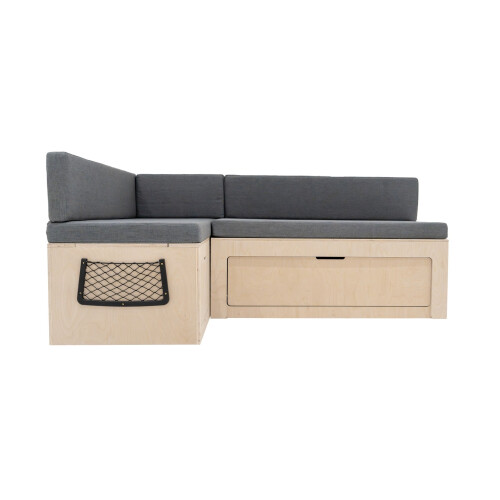 Divano Letto Camper L con Cuscini, 180x120cm, Ripiani e Reti, Design Scorrevole 2