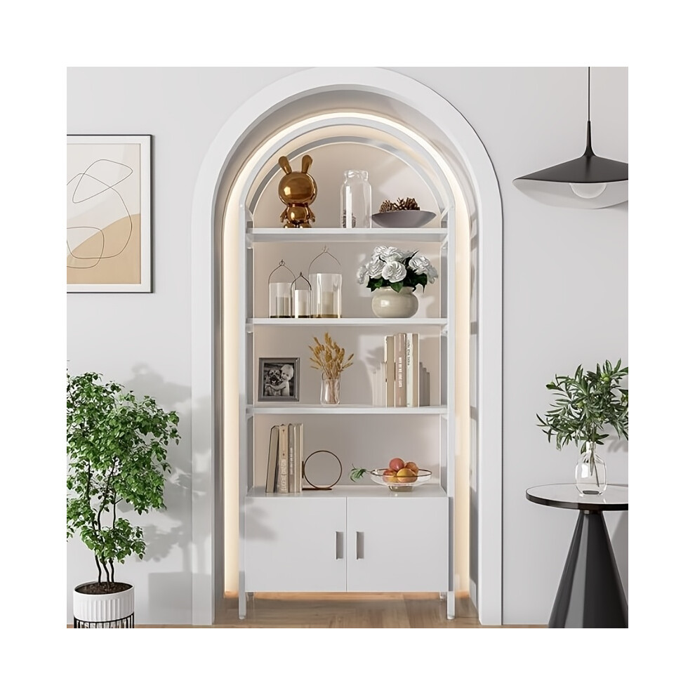 Arched Bookshelf, Bookcase with Doors Storage, 71" Tall Industrial Book Shelf with Sturdy Metal Frame, Freestanding Display Shelving Unit, White