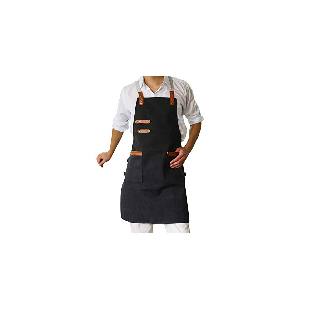 SPDYCESS Apron Washed Canvas Adjustable Waterproof Bib with 2 Pockets Unisex Women Men Cooking Chefs Work Aprons for Home Kitchen Restaurant Coffee