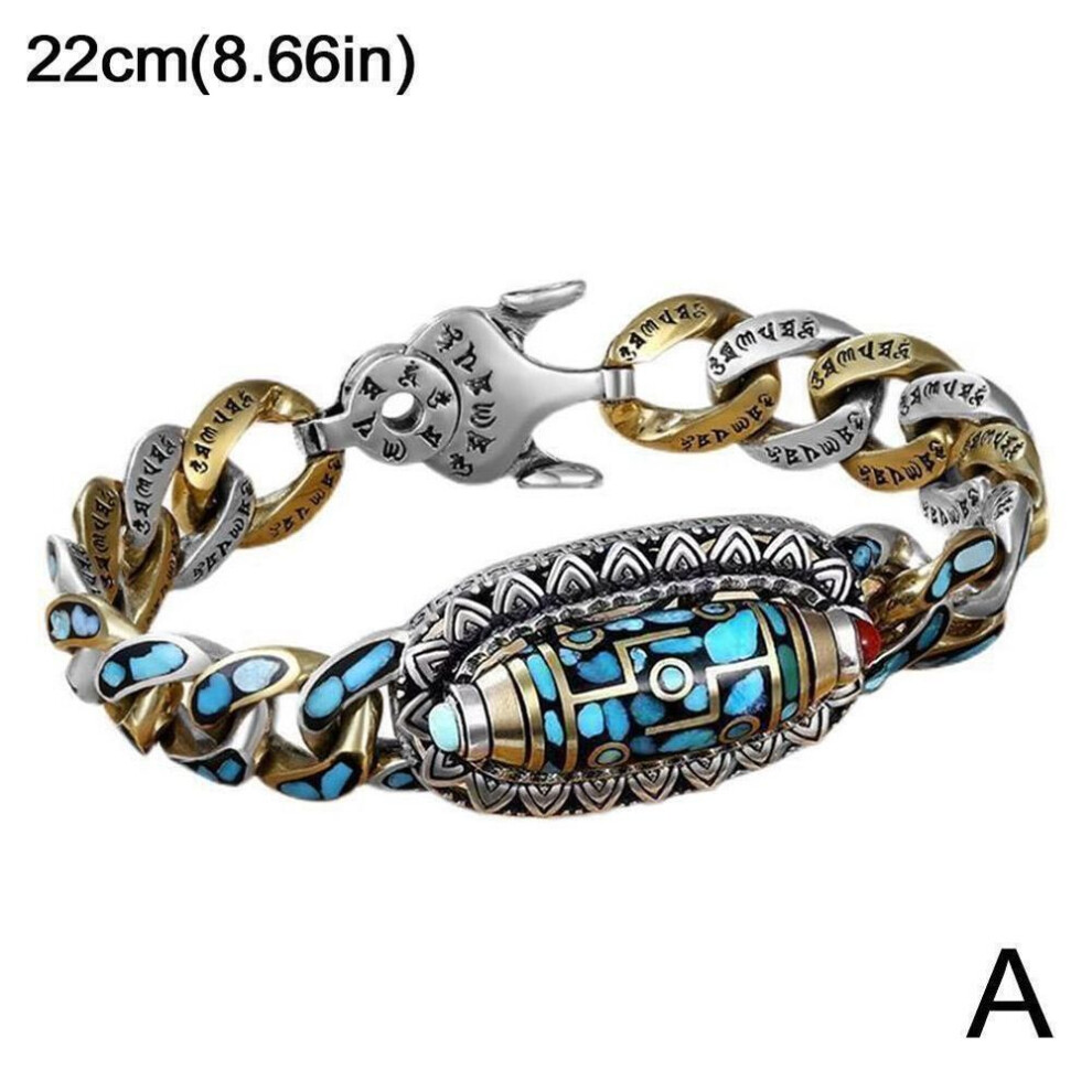 (as the picture, A - 22cm) Turquoise Six-character Mantra Nine-eyed Dzi Bead Bracelet, Style W Tibetan H6i0