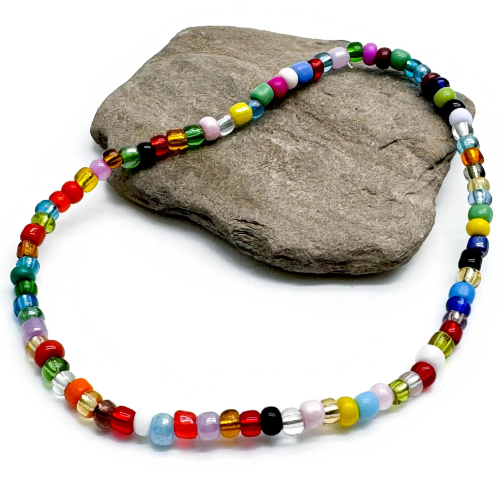 Vilda Jewellery Multi-Colour Glass Seed Bead Anklet On Elastic - Colourful Handmade Design - 10 Inches