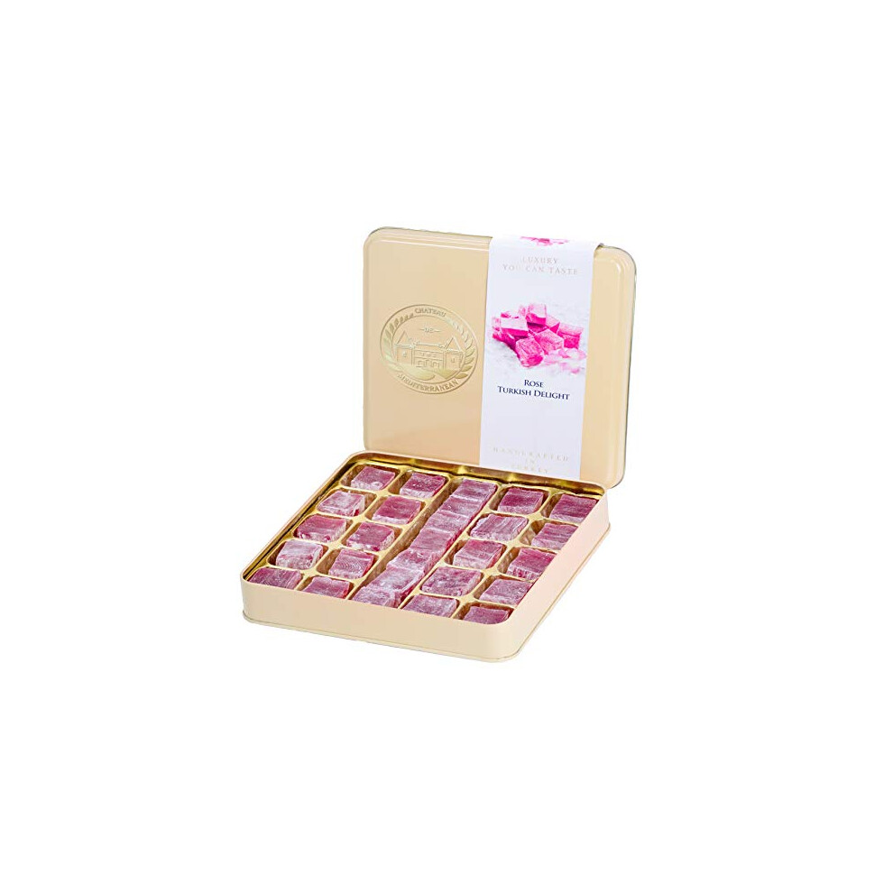 Chateau De Mediterranean Rose Turkish Delight Flavour Lokum, Dessert Gourmet Gift Box Tin, 500G, Approx 26 Pieces,