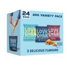 LOVE CORN Variety Pack (8x Sea Salt, 8x BBQ, 8x Salt & Vinegar 20g) ? Healthy Snacks Ideal for Gluten Free & Vegan Diets ? Low Sugar Alternative for