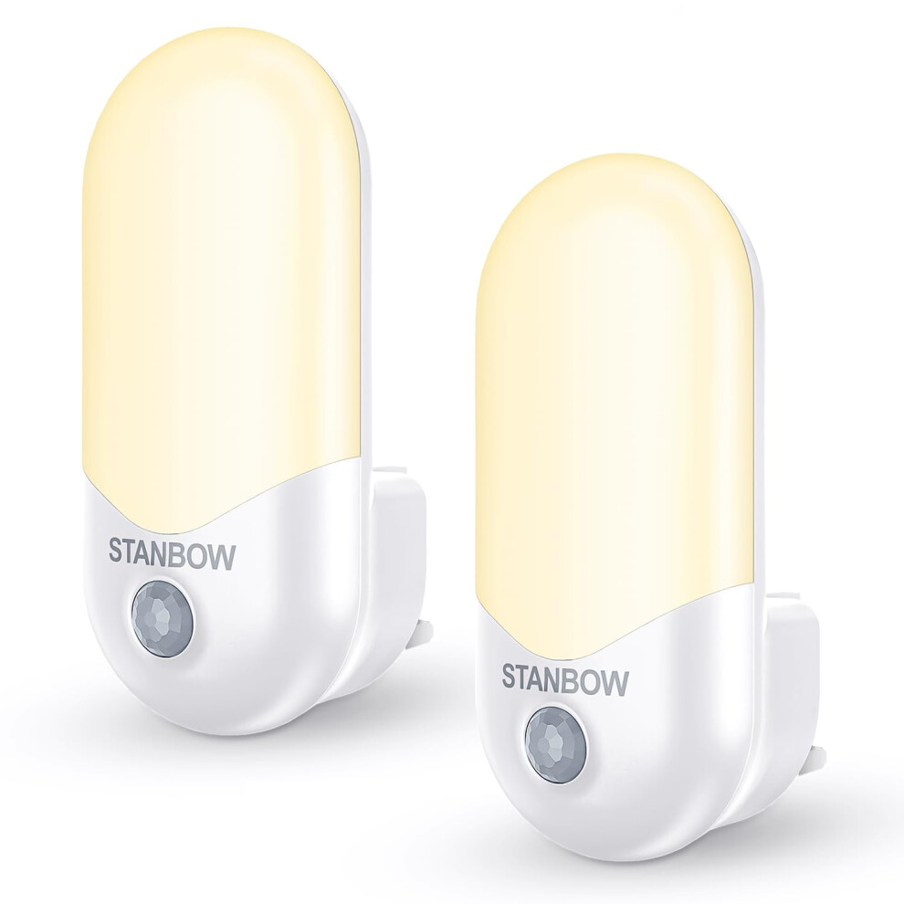 Stanbow Night Plug In Wall, 2 Pack Motion Sensor Night 3000K Warm Plug In Night For Hallway, Stairs, Kitchen, Bedroom And Light/White