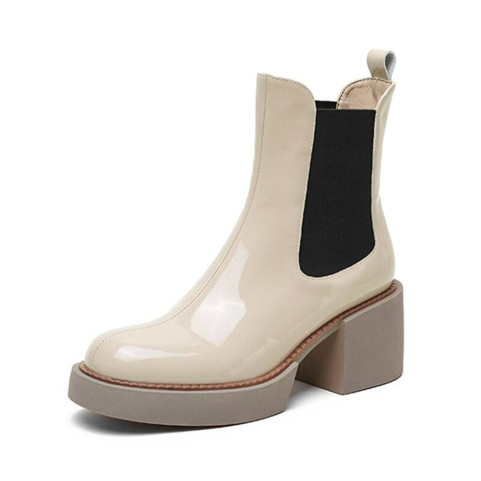 (apricot, 40) Women Fashion Cow Leather Ankle Boots Casual Square Heels Office Lady Chelsea Boots Thick Bottom Slip-on Shoes