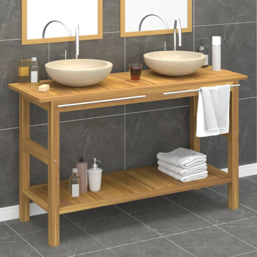 VidaXL vidaXL Bathroom Vanity Cabinet with Cream Marble Sinks Solid Wood Teak