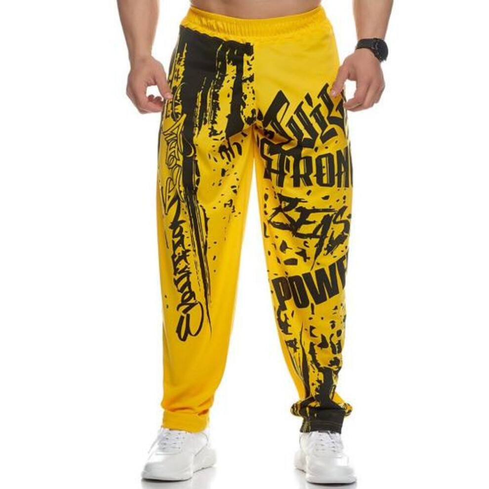 (yellow, M) Men Sweatpants Elastic Waist Print Loose Quick Dry Bodybuilding Joggers Pants