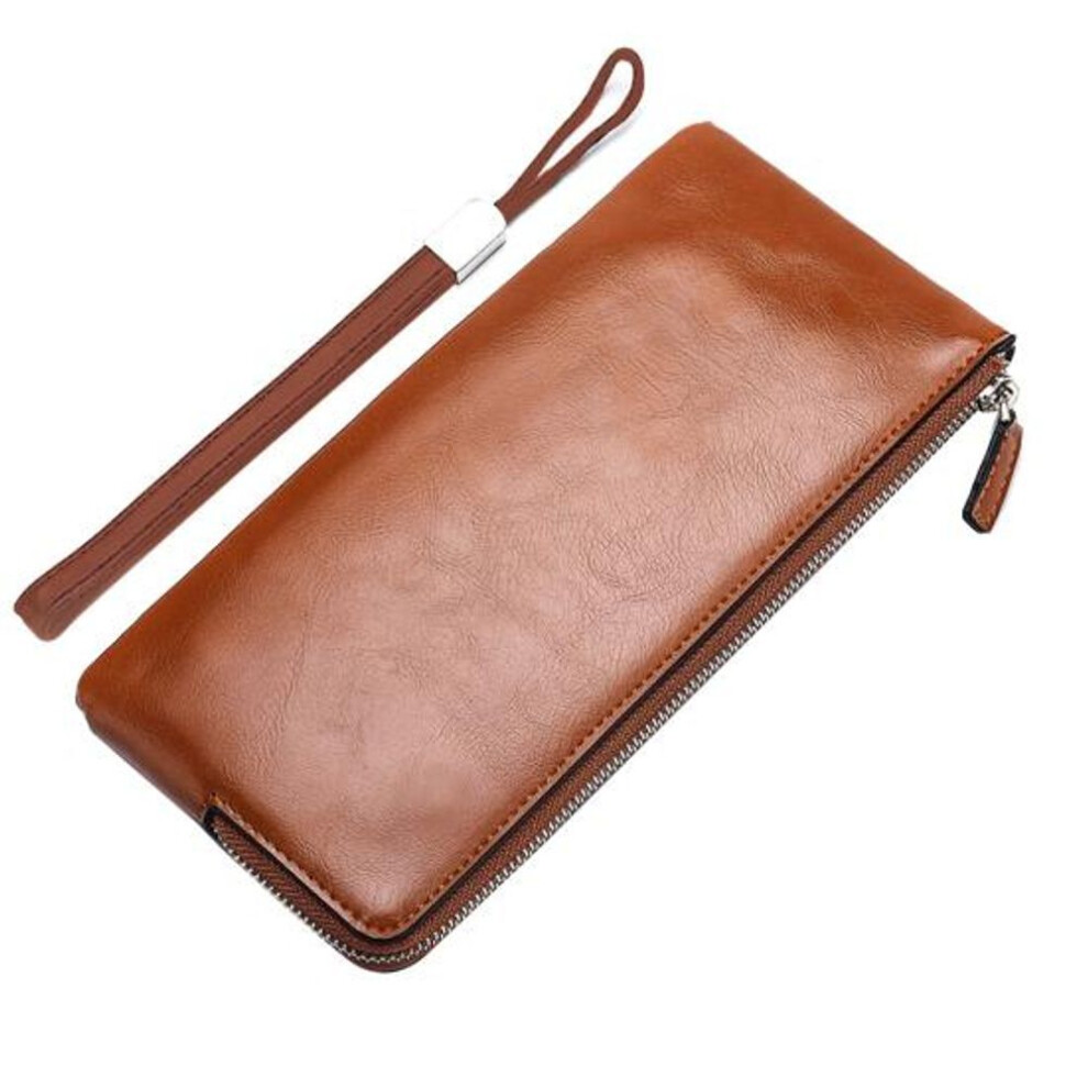 (brown) Men Solid Color Faux Leather Long Wallet Card Phone Holder Clutch Purse