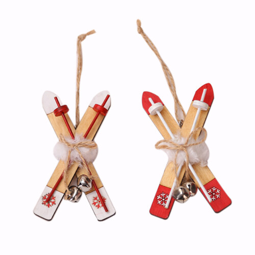 2 Pcs Wooden Sled Xmas Tree Ornaments - Red & White