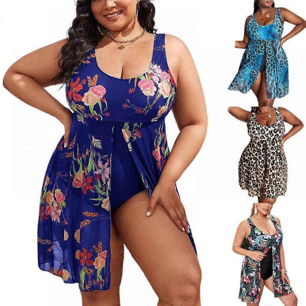 (4XL,saphir)Maillot de bain bikini sexy une pièce à imprimé léopard et à jupe florale pour femmes de grande taille.