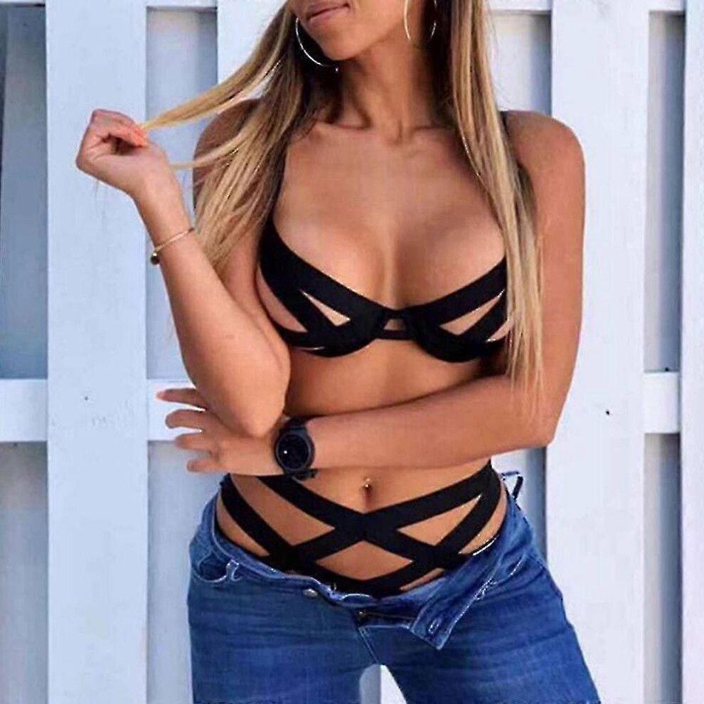 (Three Belts,M)Womens Sexy Bandage Lingerie Push-up Bra Top Briefs Hollow Underwear Set Solid Nightwear