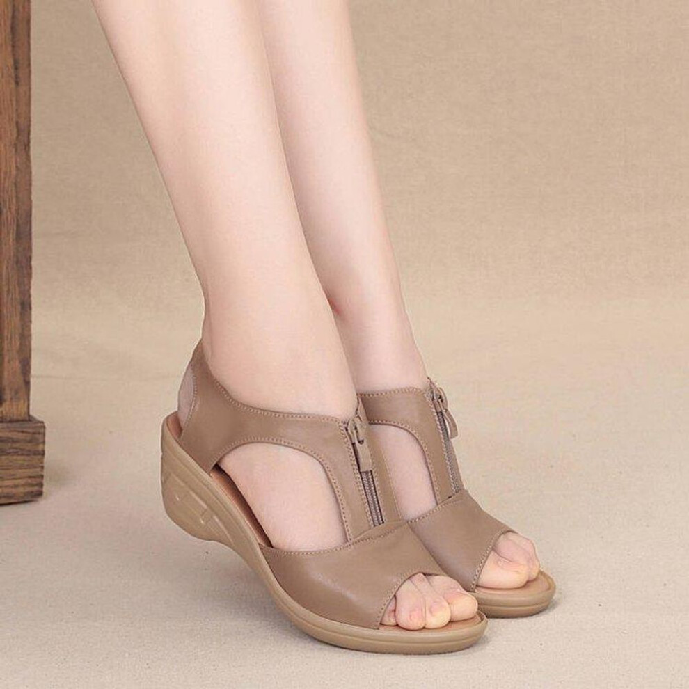 (khaki, 39) 2023 New Comfortable Soft Soled Mother&apos;s Shoes Large Slope Heel Women&apos;s Shoes Casual Sandals