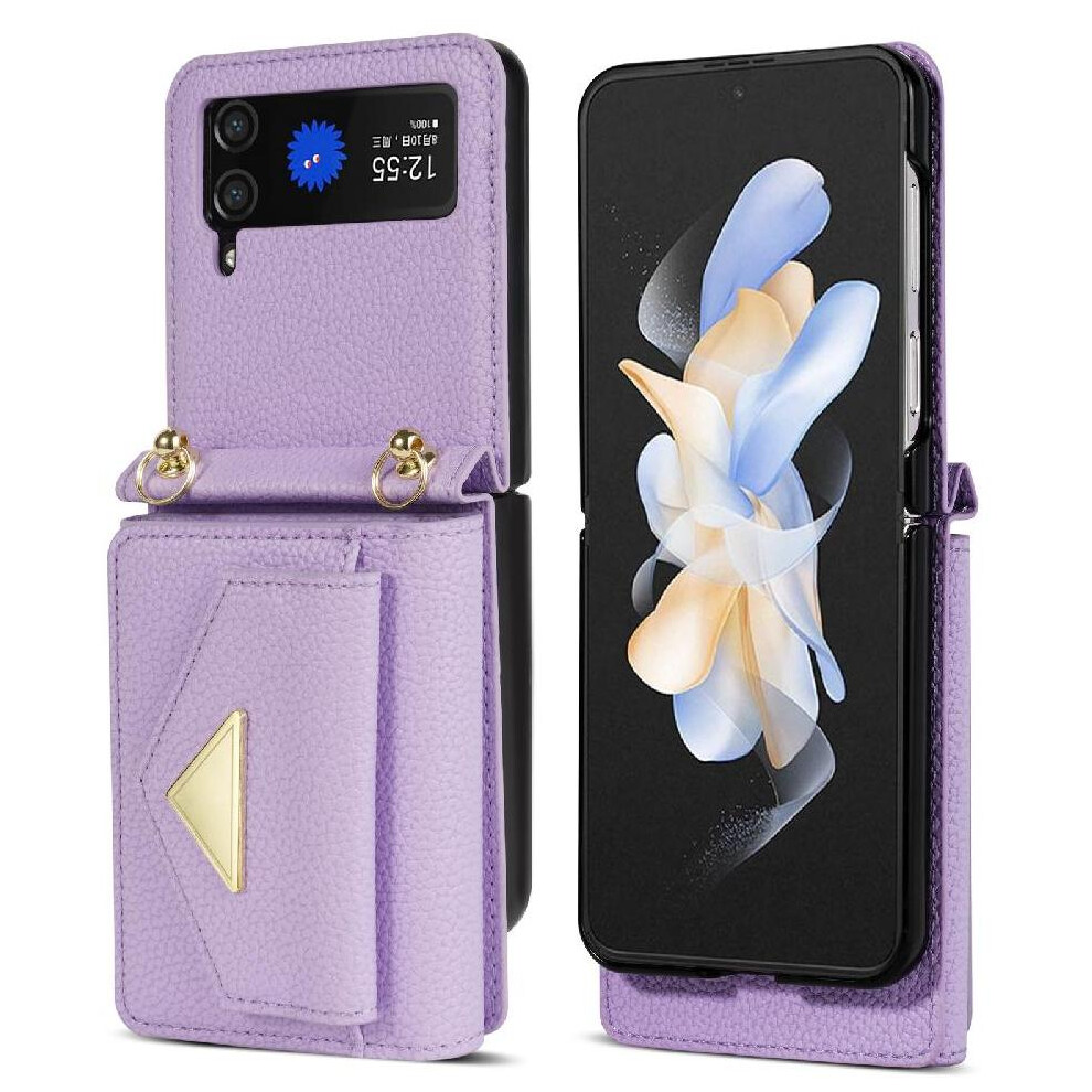 (Purple) Accordion Card Wallet Case For Samsung Galaxy Z Flip3 5G Pu Leather Magnetic Closure Crossbody Strap Card Holder Protective Cover Purple 764549430345