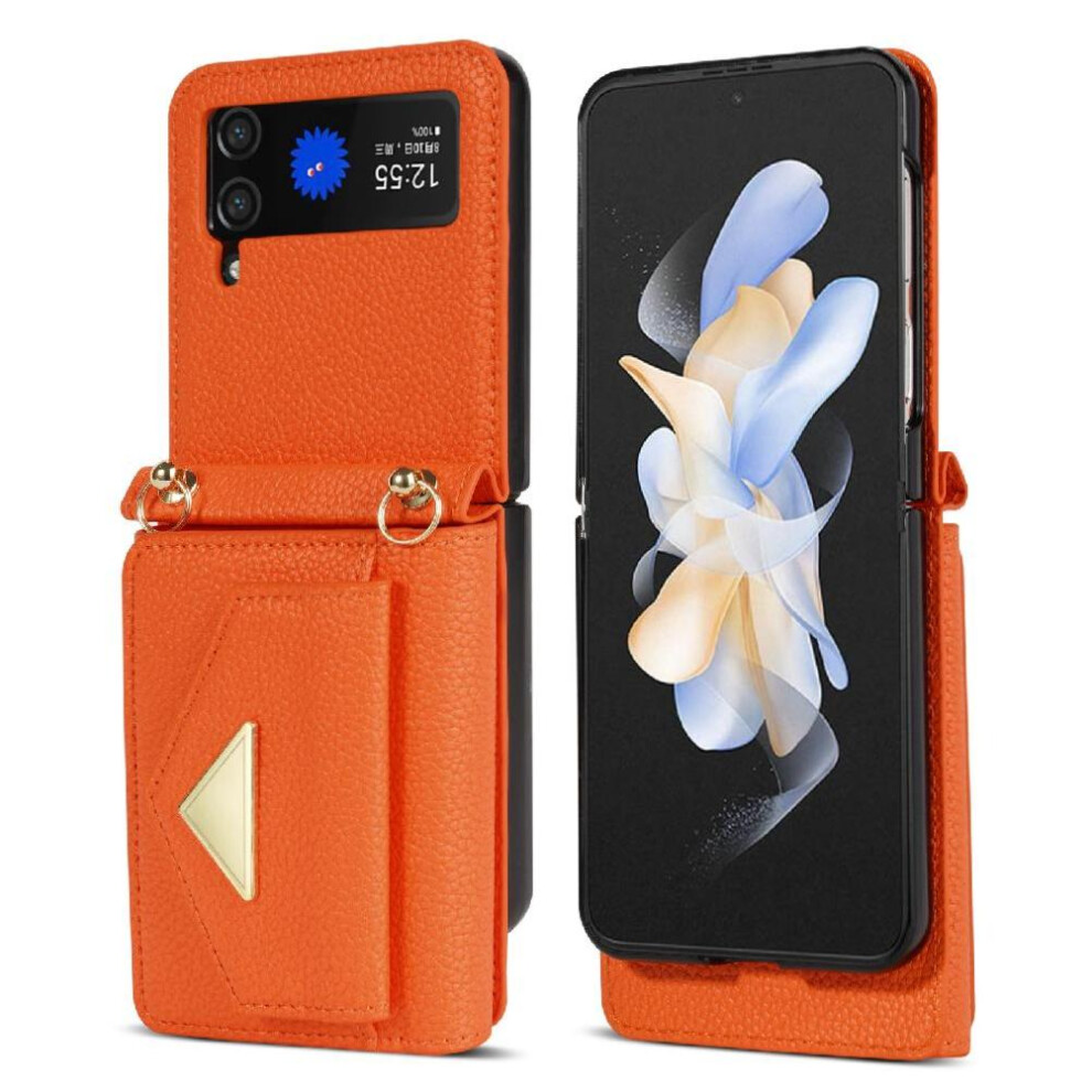 (Orange) Accordion Card Wallet Case For Samsung Galaxy Z Flip3 5G Pu Leather Magnetic Closure Crossbody Strap Card Holder Protective Cover Orange 764549430352