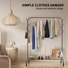 (Single Rail) Clothes Rail Heavy Duty Clothes Rails Clothing Garment Rack with Hooks Bottom Rack for Bedroom