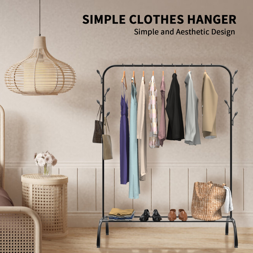 (Single Rail) Clothes Rail Heavy Duty Clothes Rails Clothing Garment Rack with Hooks Bottom Rack for Bedroom