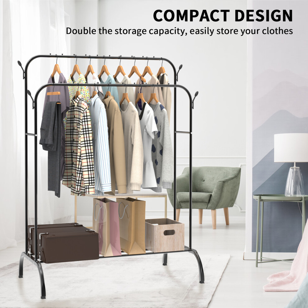 (Double Rails) Clothes Rail Heavy Duty Clothes Rails Clothing Garment Rack with Hooks Bottom Rack for Bedroom