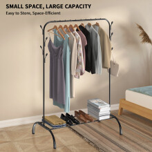 (Single Rail) Clothes Hanging Rail Metal Clothing Rail, Free Standing Clothes Racks with Hooks Bottom Rack