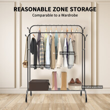 (Double Rail) Clothes Hanging Rail Metal Clothing Rail, Free Standing Clothes Racks with Hooks Bottom Rack