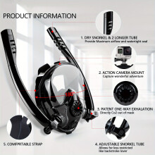 (Black, S/M) Full Face Snorkel Mask - Anti-Fog, Dual Tube Design for Easy Breathing