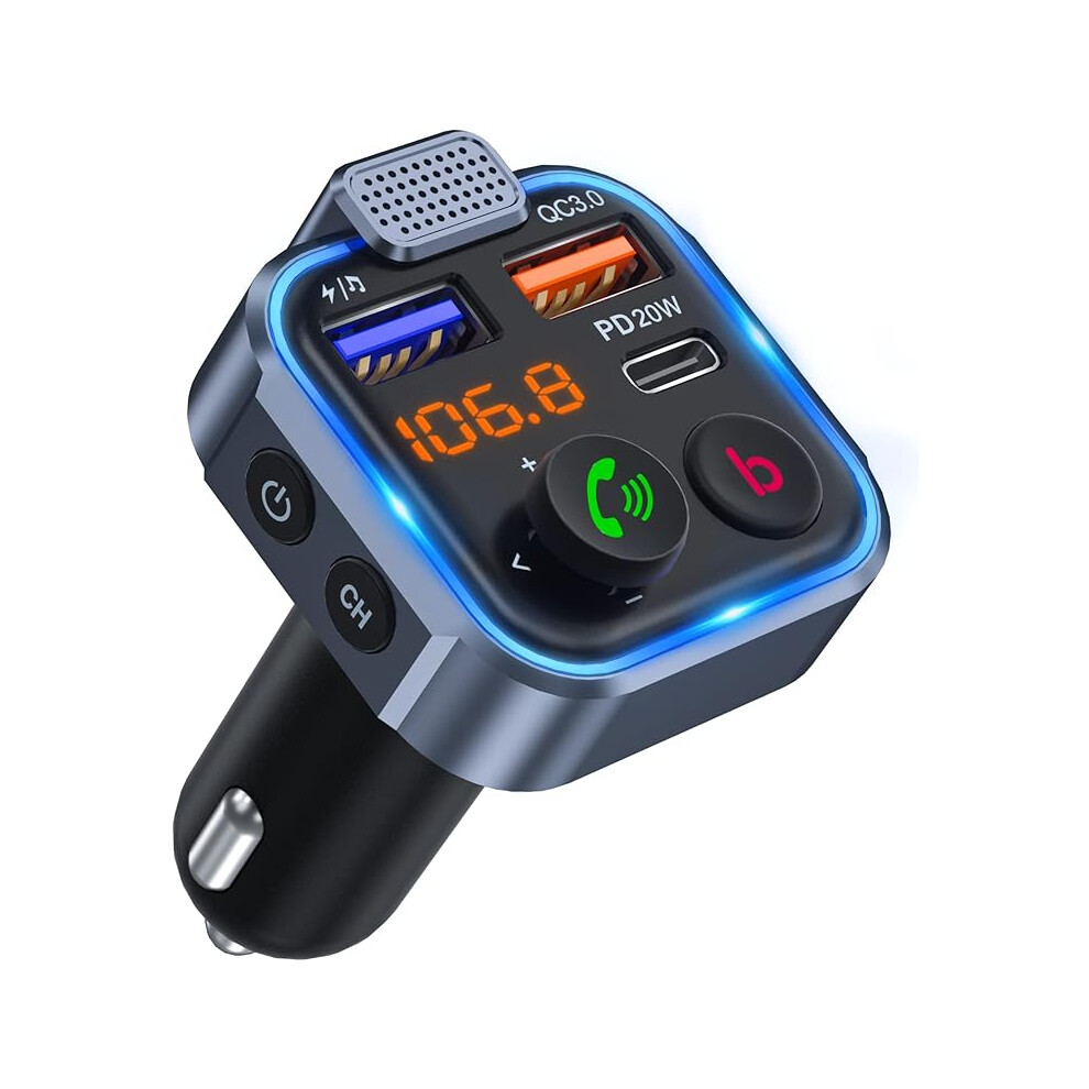 Car Fm Transmitter, Wireless Bluetooth 5.0 Wireless Adapter Car Kit, Pd3.0 Type C 20W+Qc3.0 Car Fast Charger, Hands-Free Call, Bass Lossless High Fide 9469042657138