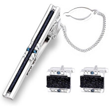 Gemelli e fermacravatta in pietra Galaxy Shiny, gemelli blu scuro Galaxy a strisce e fermacravatta da uomo
