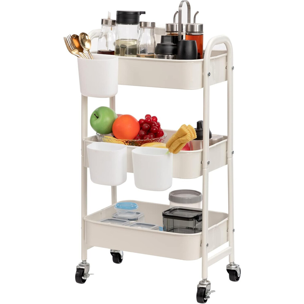 (White) 3-Tier Storage Cart Metal Rolling Trolley Cart, Beauty Trolley Kitchen Trolley Utility Shelves Trolley on Wheels for Bedroom Makeup Bathroom Office