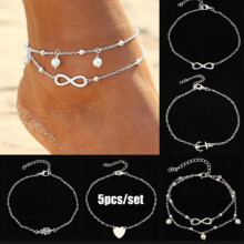 Lot de 5 bracelets de cheville en argent pour femmes et filles