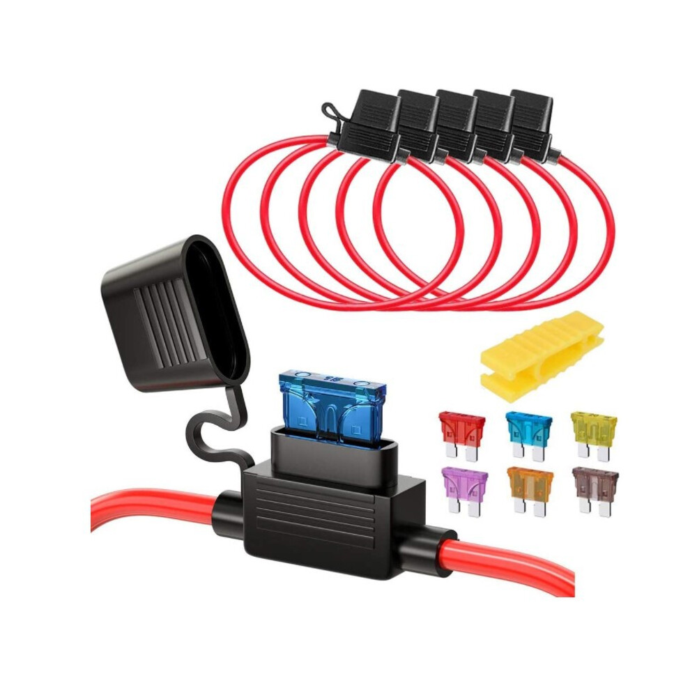 5Pcs 16Awg Medium Blade Waterproof Plug-In Fuse Holder With Wire, Dc 32V 20A Add-A-Circuit For Truck Car, With 6Pcs Standard Blade Fuse And 1Pcs Fuse 9469042661982